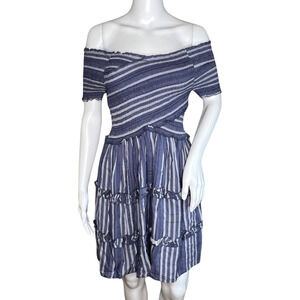 Japna Dress‎ Women Small Blue Striped Short Sleeve Off Shoulder Bohemian Peasant